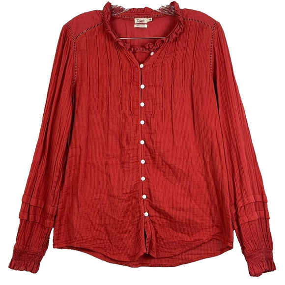 Faherty Shirt Women's M Red Ruffle Trim Collar Button Up Organic Cotton - Picture 1 of 7